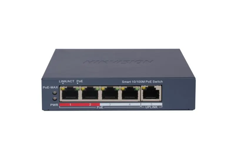 Hikvision L2  Smart Managed  4 10/100M RJ45 PoE ports  1 10/100M RJ45 port  802.3af/at  PoE power budget 60W
