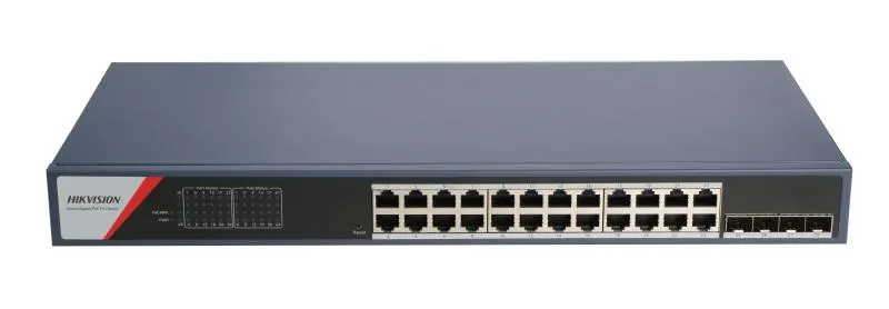 Hikvision L2  Smart Managed  24 Gigabit PoE ports  4 Gigabit SFP ports  802.3af/at  PoE power budget 370W  HPP Cloud managed  VLAN  STP/RSTP loop prefention  DHCP Snooping  ACL  IP&MAC filter based on port  SNMP V1/V2C  Max. 300 meter PoE transmission  Rack mount