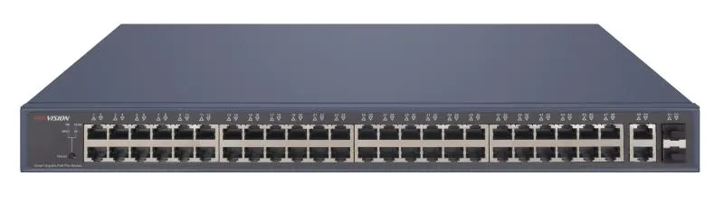 Hikvision L2  Smart Managed  48 Gigabit PoE ports  2 Gigabit RJ45  2 Gigabit SFP uplink ports  802.3af/at  PoE power budget 470W  max.